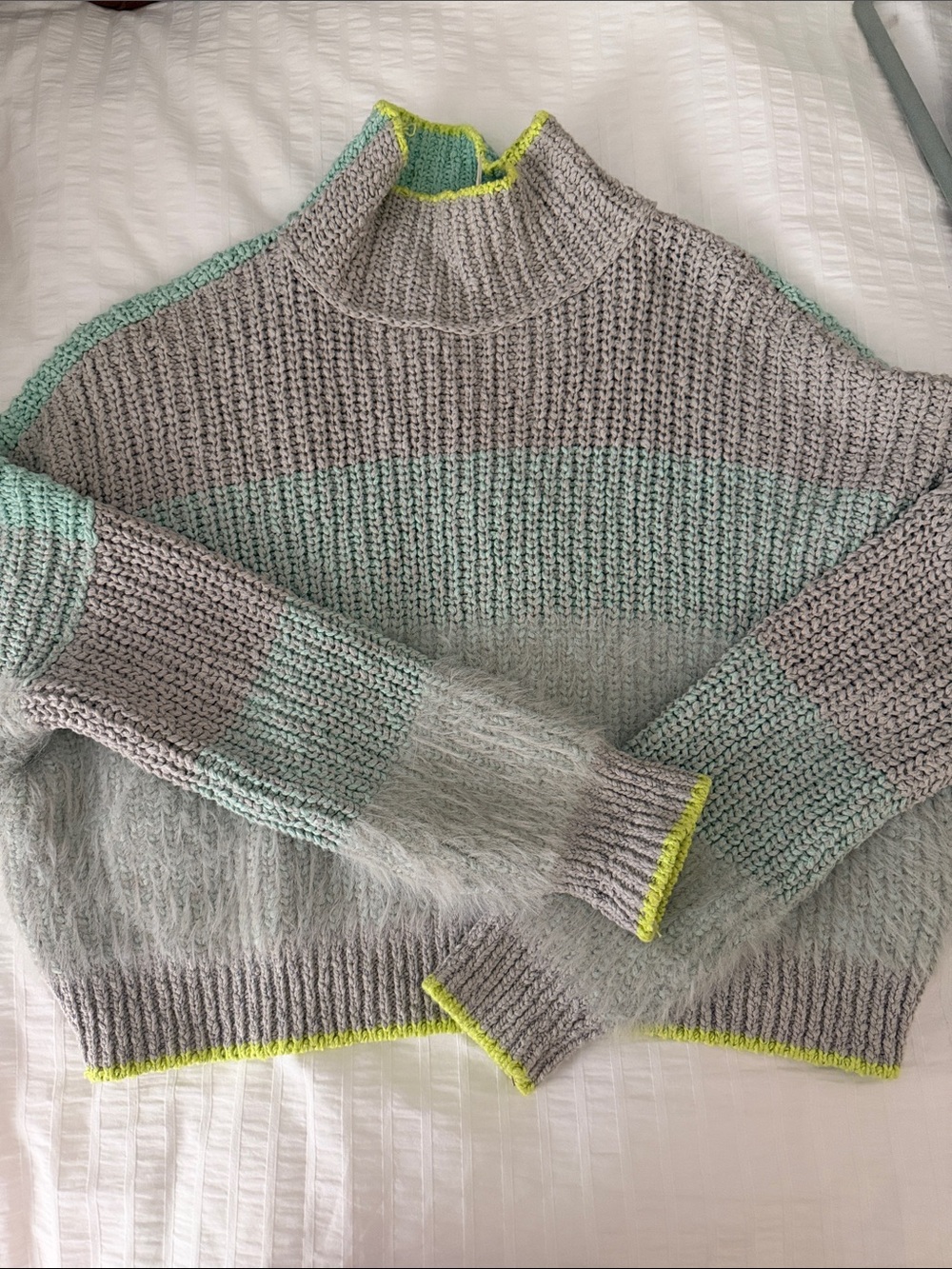 Free People Gray and Mint Striped Turtleneck Sweater with Neon Trim